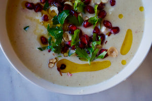 Roasted Cauliflower Soup w/Celery + Hazelnuts
