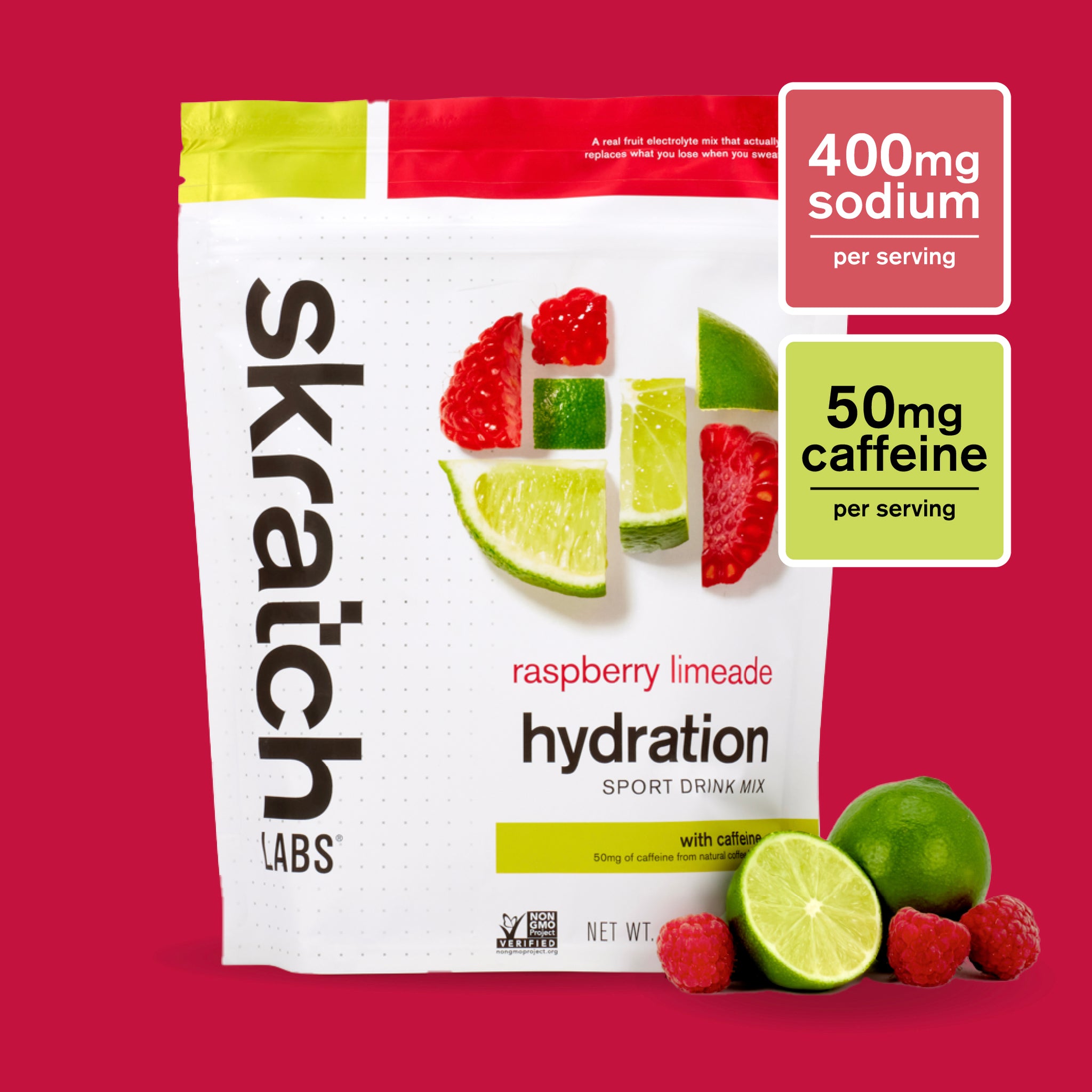 Hydration Sport Drink Mix, Resealable Bag - 20 serving,  Raspberry Limeade (50mg Caffeine)